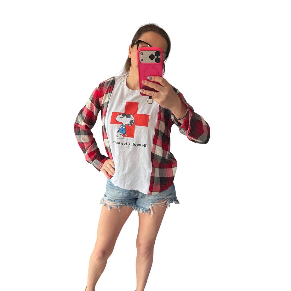 Snoopy donate blood upcycled custom flannel shirt / tshirt combination graphic t